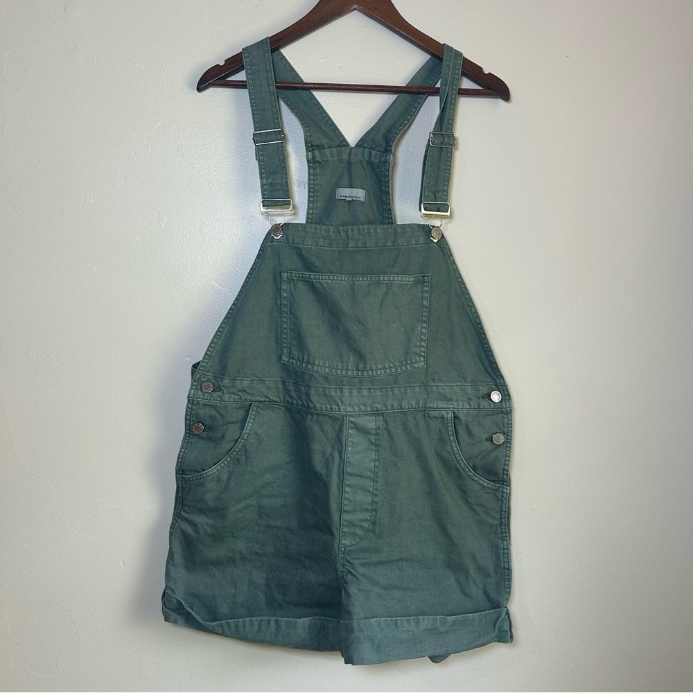 WEWOREWHAT Olive Green Denim Shortall Overalls L Roll Cuff Pockets Adjustable